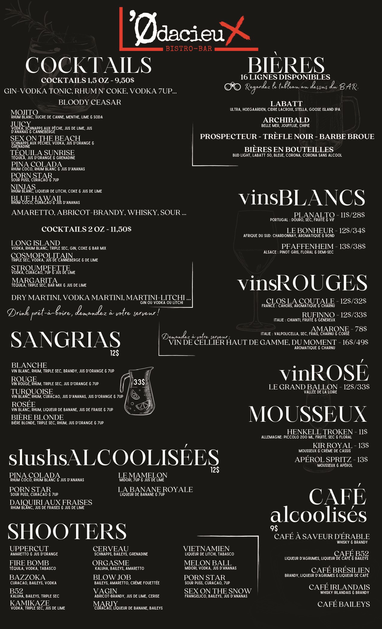 menu l'Odacieux Bar-Bistro Ville-Marie